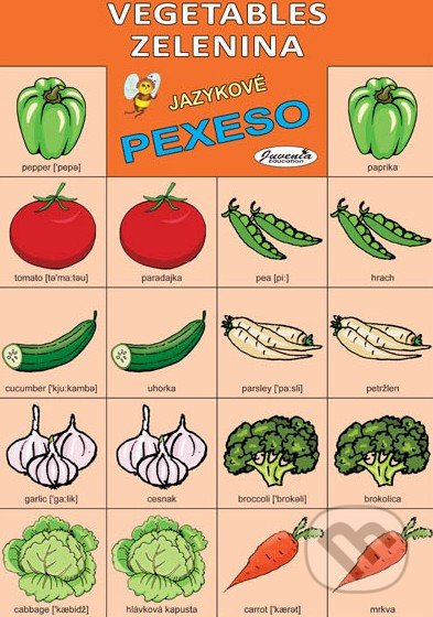 Jazykové pexeso: Vegetables / Zelenina -  jazykové pexeso -  pexeso angličtina -  pexeso nemčina -  pexeso na učenie cudzích jazykov -  ako deti učiť cudzie jazyky -  ako deti učiť slovíčka v cudzích jazykoch