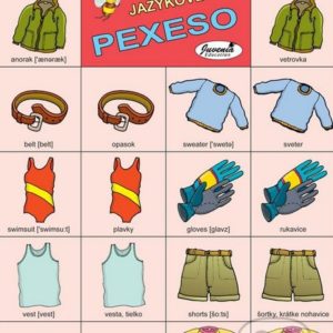 Jazykové pexeso: Clothes II. / Oblečenie II. -  jazykové pexeso -  pexeso angličtina -  pexeso nemčina -  pexeso na učenie cudzích jazykov -  ako deti učiť cudzie jazyky -  ako deti učiť slovíčka v cudzích jazykoch